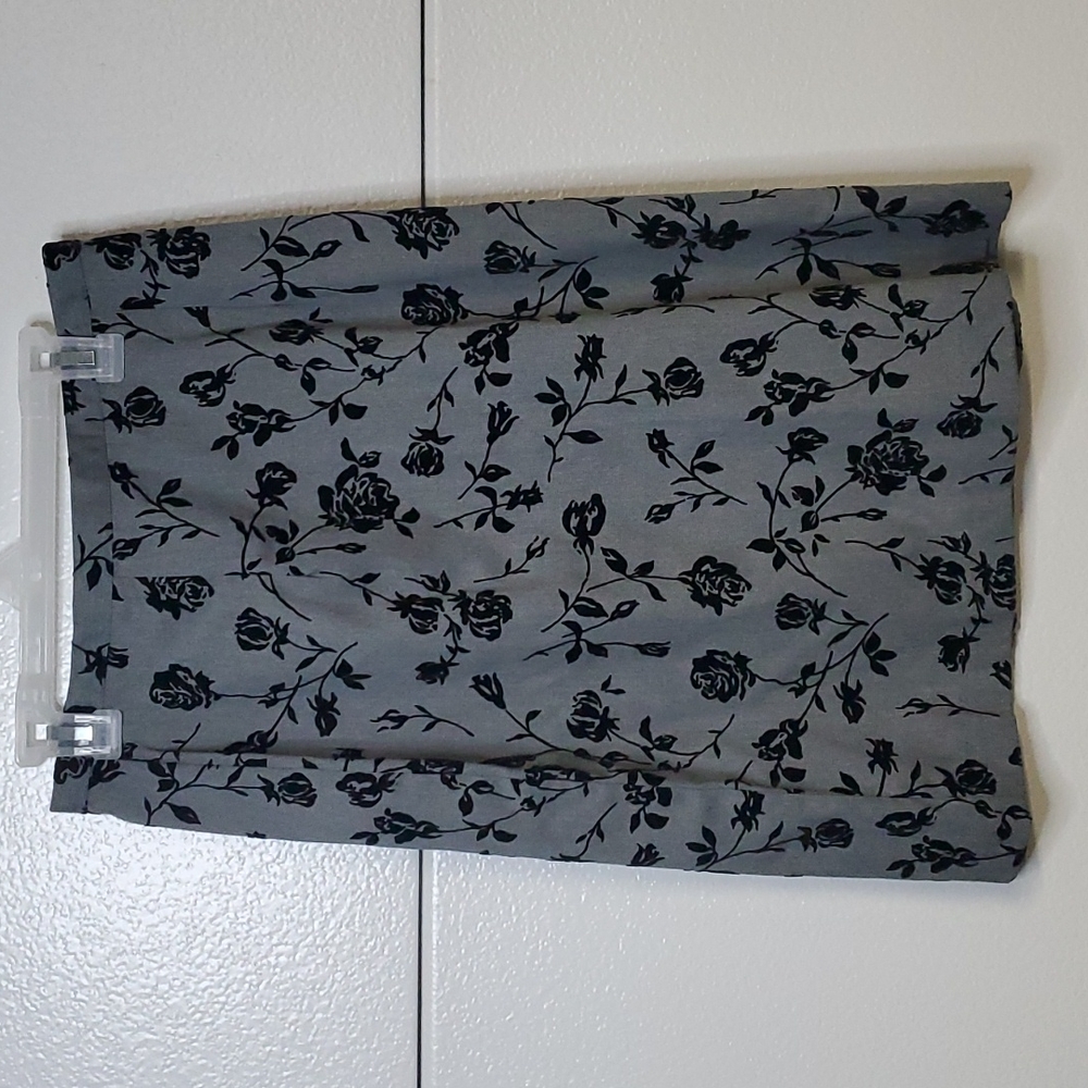 Vintage Decade Designs Midi Skirt Gray With Black Flower Pattern with slit